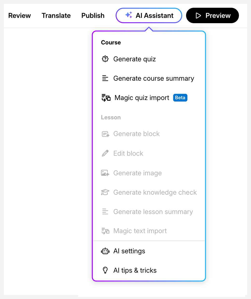 AI Assistant Menu AI Assistant Menu