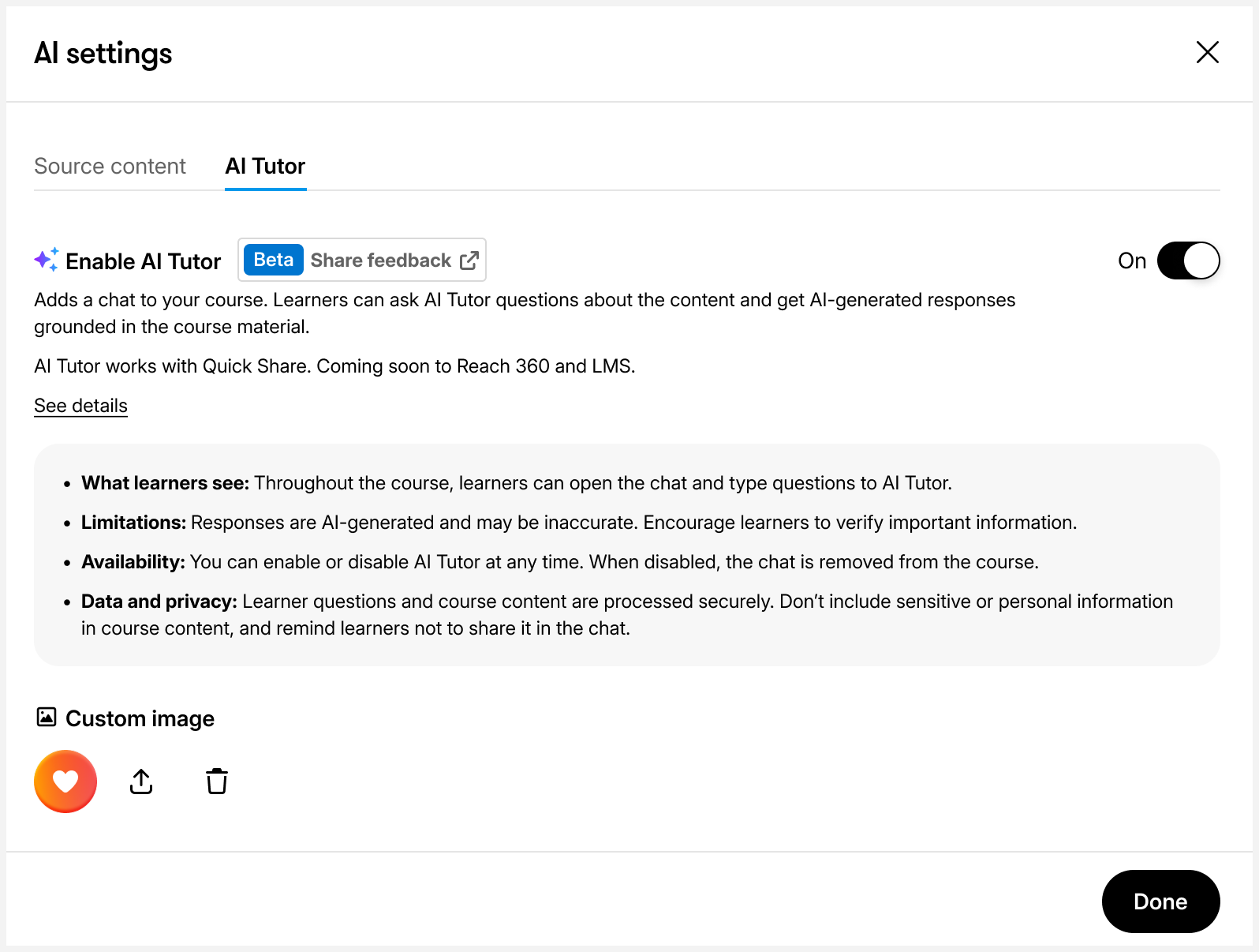 AI Tutor toggle in the course's AI settings window