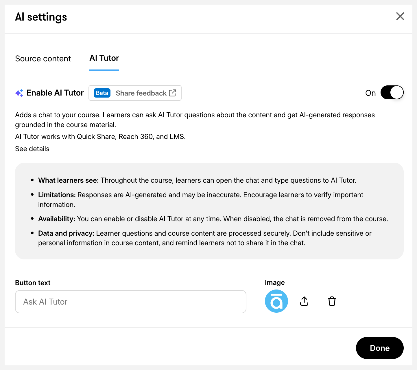 AI Tutor toggle in the course's AI settings window