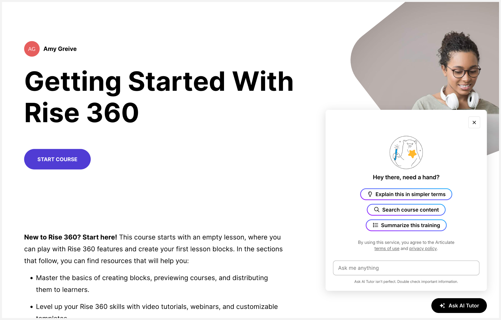 AI Tutor chat window inside a course