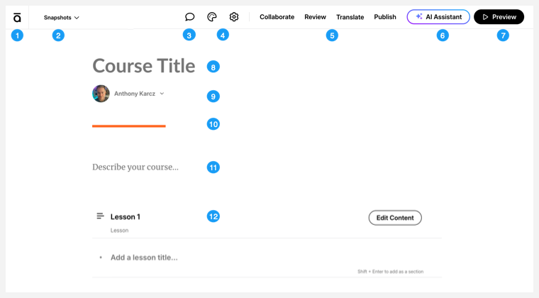 new course landing page with labeled callouts 1 to 12 described in the following table