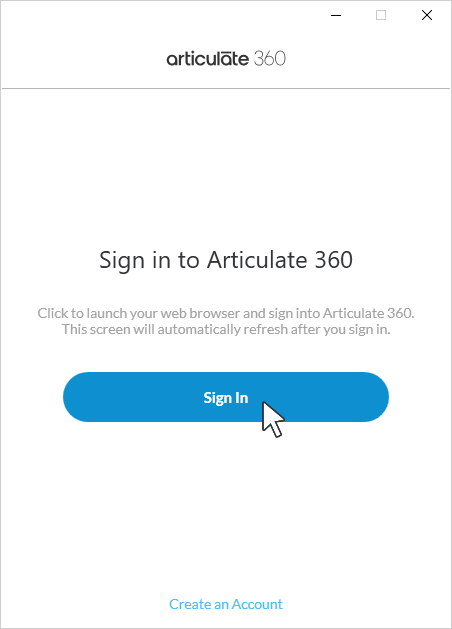 La pantalla de inicio de sesión en la aplicación de escritorio Articulate 360