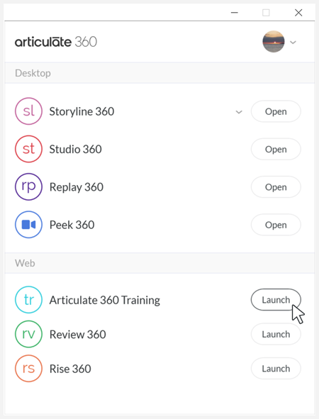 Die Articulate 360 Desktop-App, die nach der Anmeldung die Articulate 360 Apps und -Ressourcen anzeigt