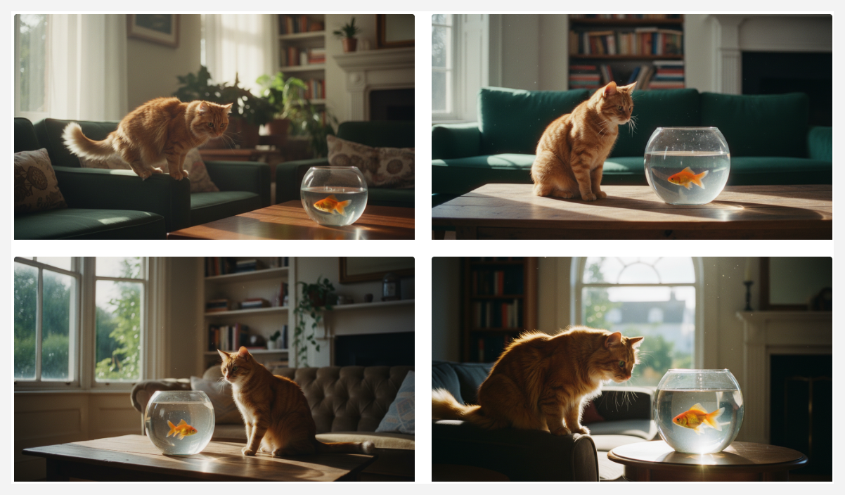 Image generation result showing four images of a cat sitting on a couch, staring at a goldfish in a glass bowl.