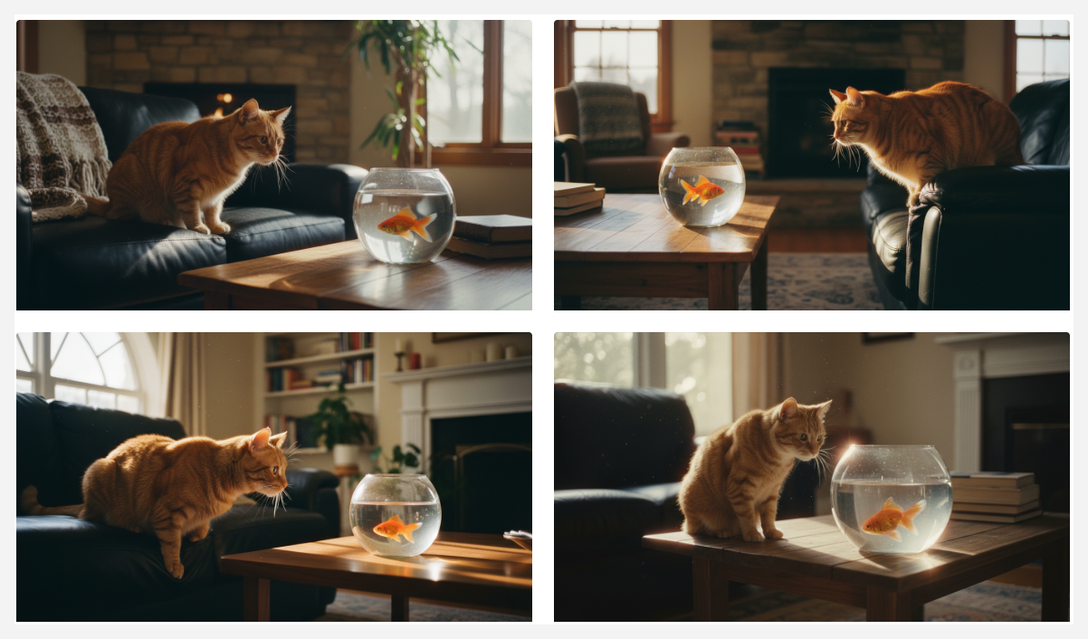 Image generation result showing four images of a cat sitting on a couch, staring at a goldfish in a glass bowl.