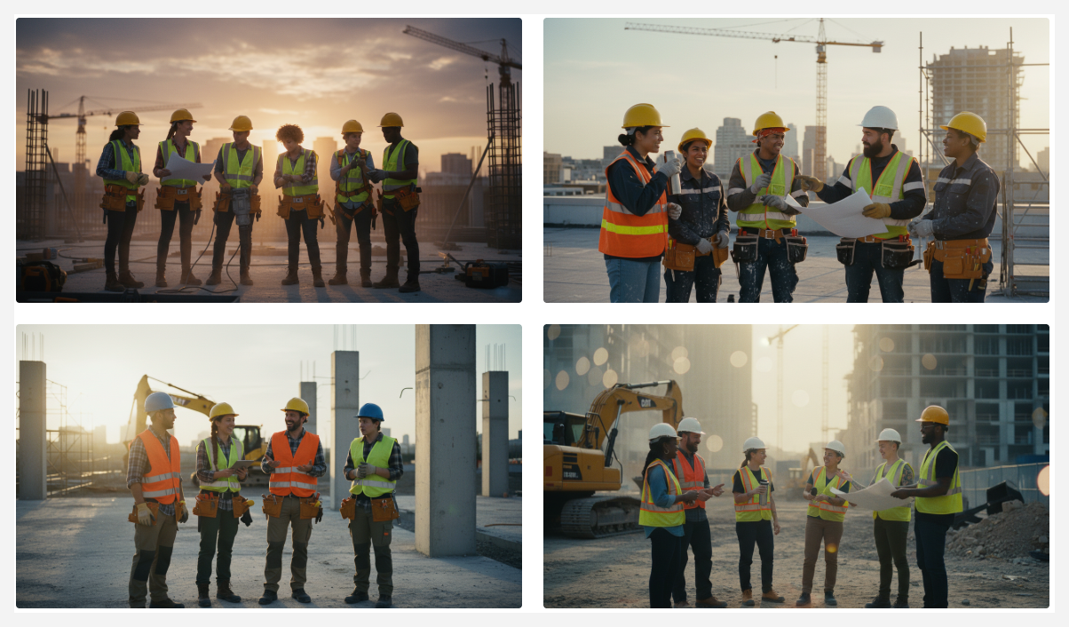 Image generation result showing four cinematic images depicting a group of construction workers with different genders