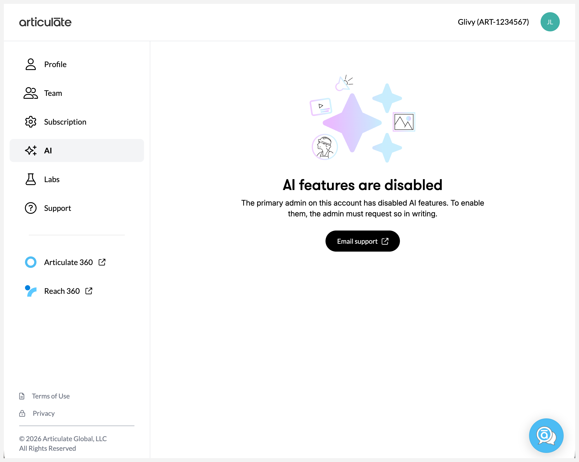 Manage AI page displaying AI Assistant in disabled mode