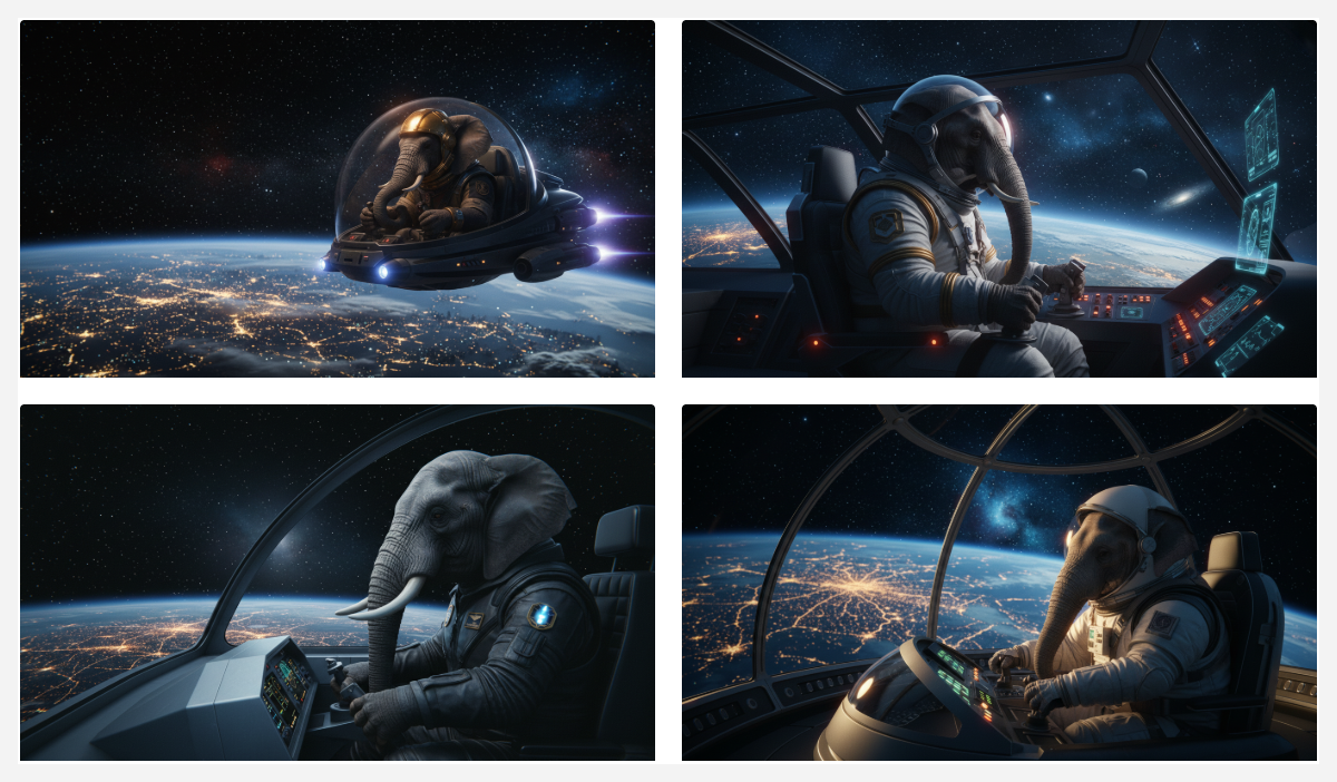 Image generation result showing four images of an elephant piloting a spaceship in orbit