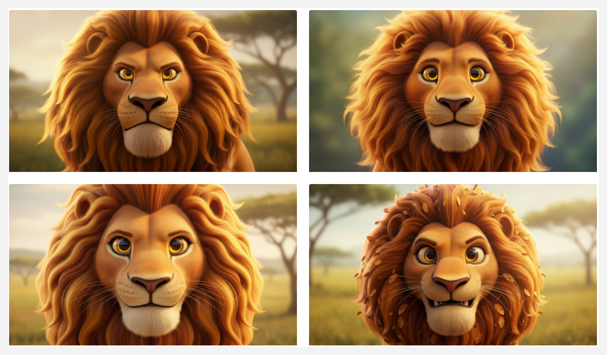 Image generation result showing four images of a 3D-animated lion facing forward and staring directly at the viewer