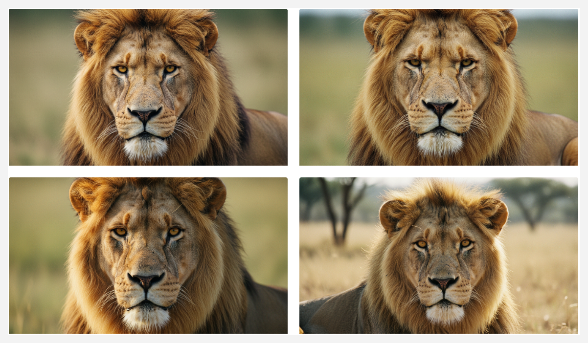 Image generation result showing four cinematic images of a lion facing forward and staring directly at the viewer