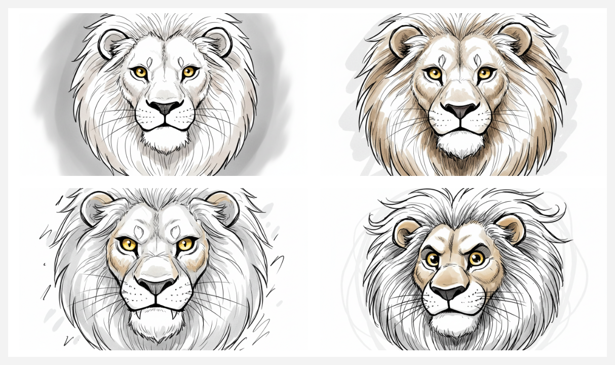 Image generation result showing four images of an editorial illustration of a lion facing forward and staring directly at the viewer