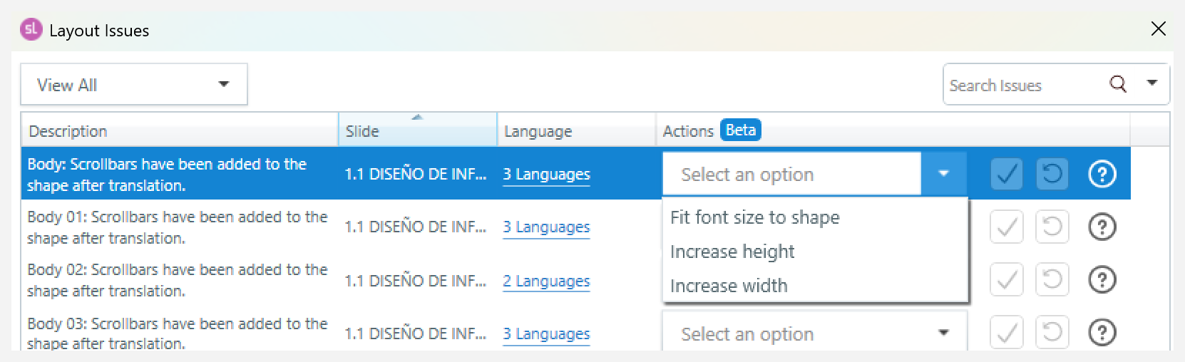 The layout issue finder window showing the adjustment options available under the Actions column. The layout issue finder window showing the adjustment options available under the Actions column.