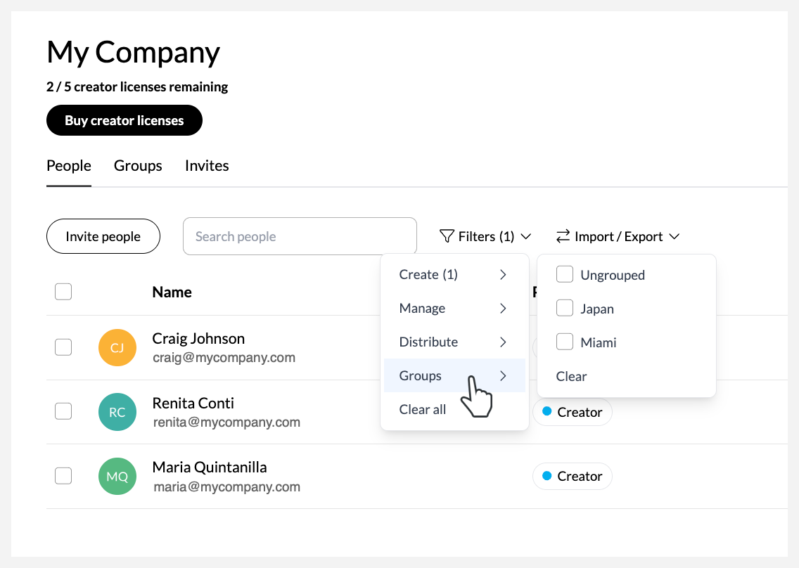 the manage team page with the filter options expanded