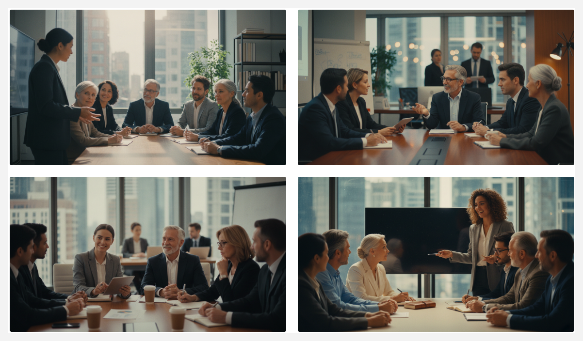 Image generation result showing four cinematic images of an office meeting attended by people of different ages