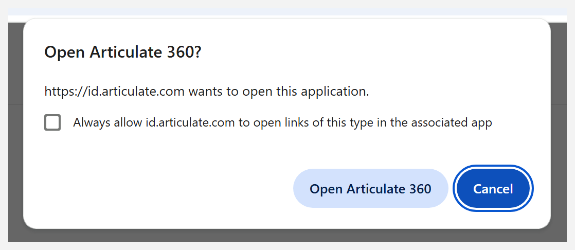 modal showing the open Articulate 360 button