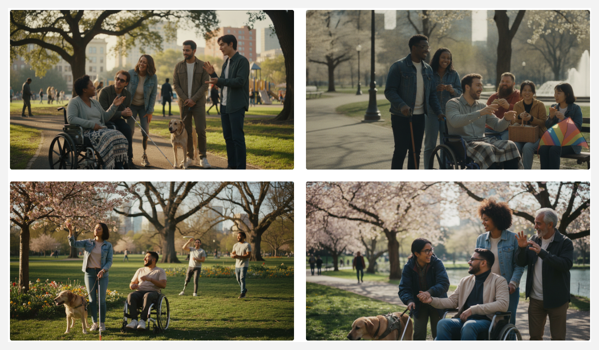 Image generation result showing four cinematic images of a physically diverse group of people