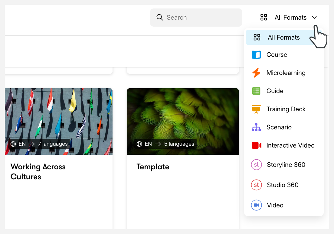 Review dashboard with the filter option expanded showing the list of formats