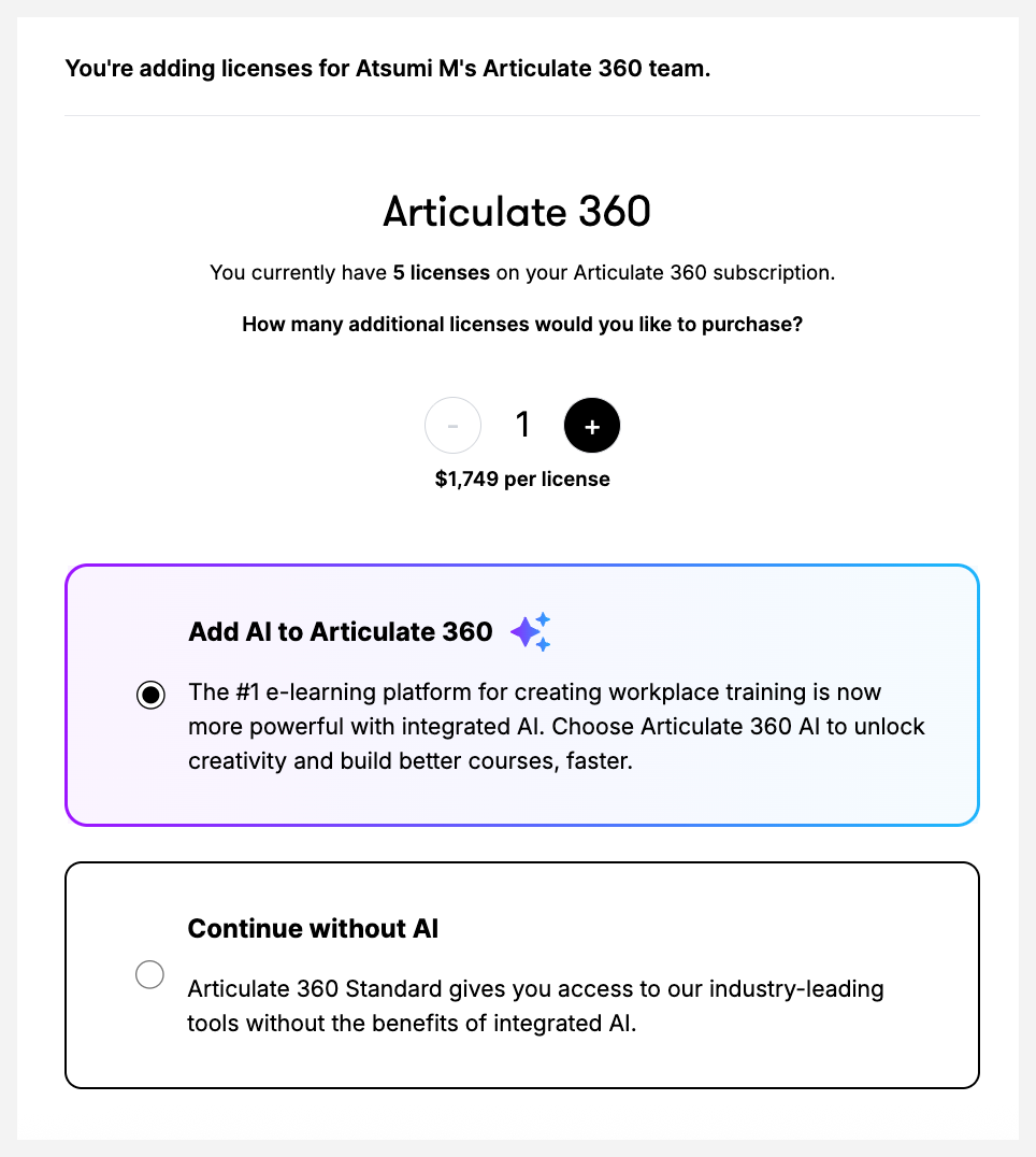 Checkout page for adding 1 Articulate 360 license ($1,749). ‘Add AI to Articulate 360’ is selected over ‘Continue without AI.