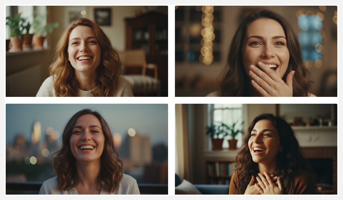 Image generation result showing four images of a woman showing a joyful expression