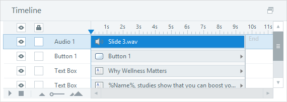 The audio file highlighted on the timeline in Storyline.
