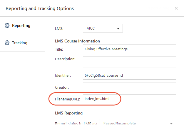 Het venster met opties voor rapportage en tracking in Storyline.