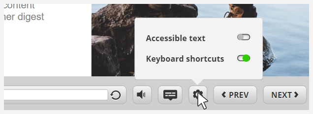 A published Storyline 3 course with the accessibility settings menu open and showing the three accessibility controls