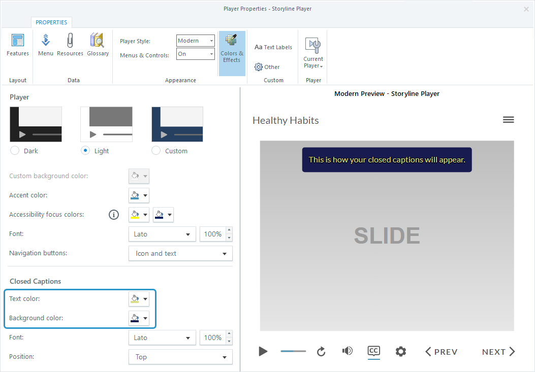 Fenster mit den Spielereigenschaften in Storyline 360.