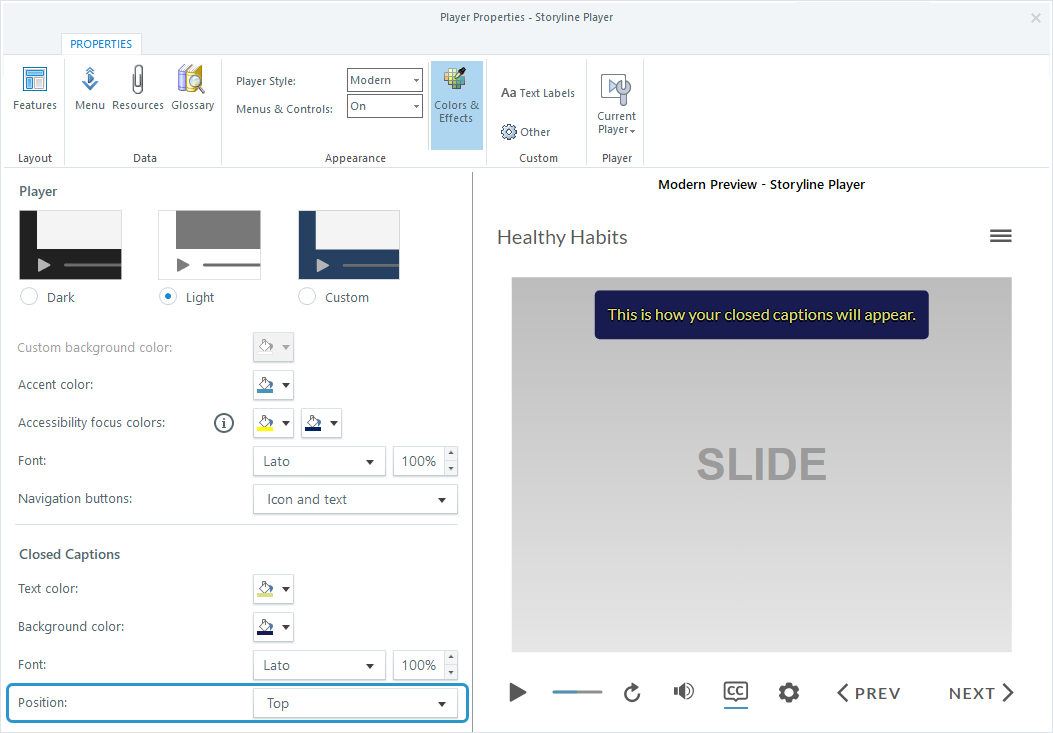 Fenster mit den Spielereigenschaften in Storyline 360.