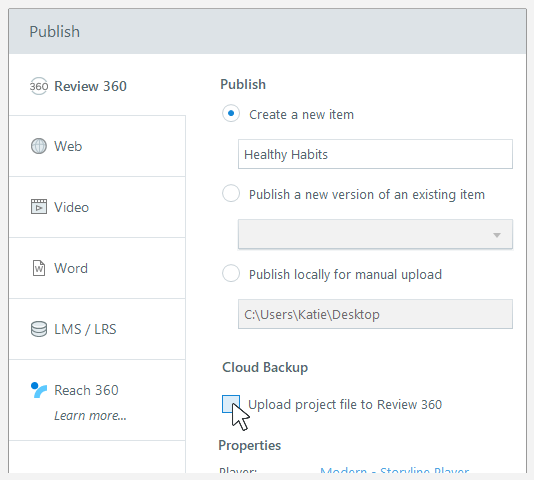 The Publish window in Storyline 360.