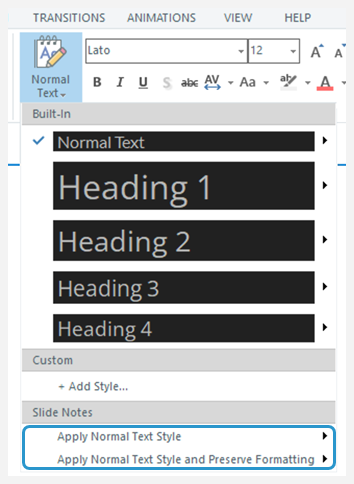 Der Dropdown-Pfeil Textstile in Storyline 360.