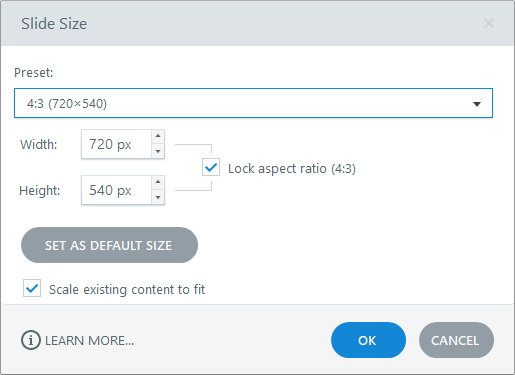 Slide Size window properties