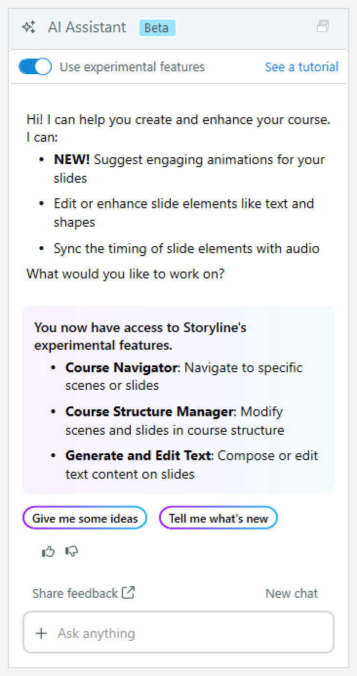 The AI Chat window in Storyline 360 with the experimental features toggle enabled.