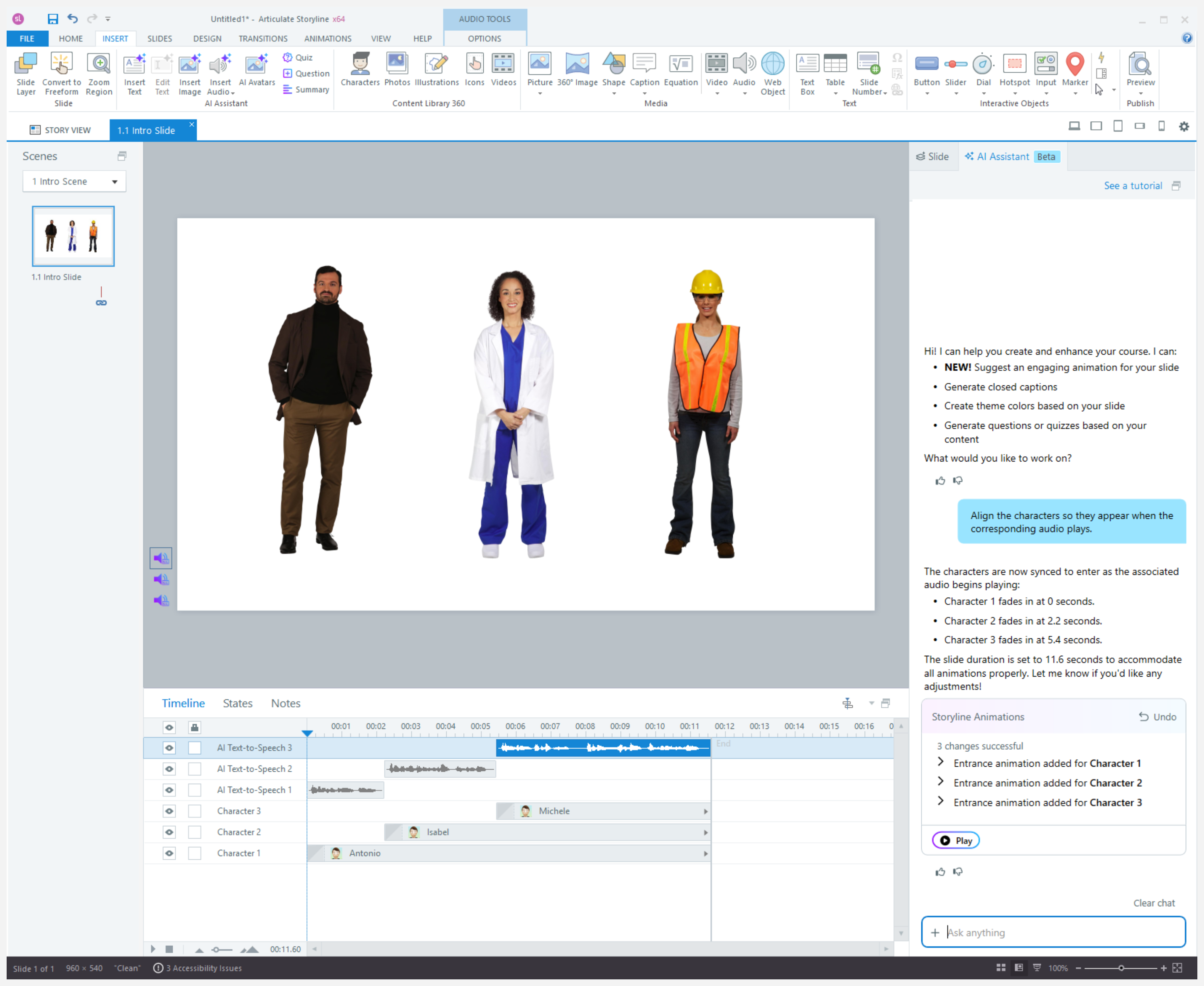 Example prompt to sync characters so they appear only when their corresponding audio plays