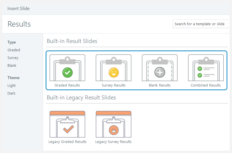 The Insert Slide window displaying built-in quiz result templates