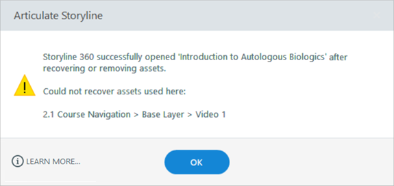 "Could not recover assets" dialog in Storyline 360.