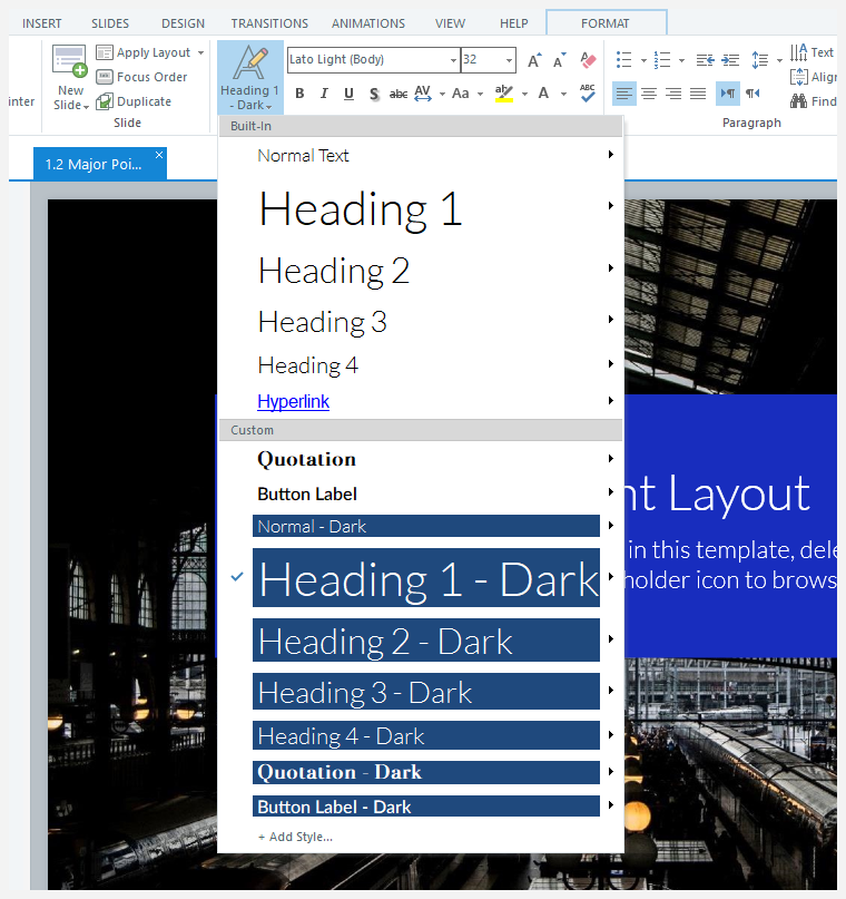 The text styles menu in Storyline 360 showing several built-in and custom styles