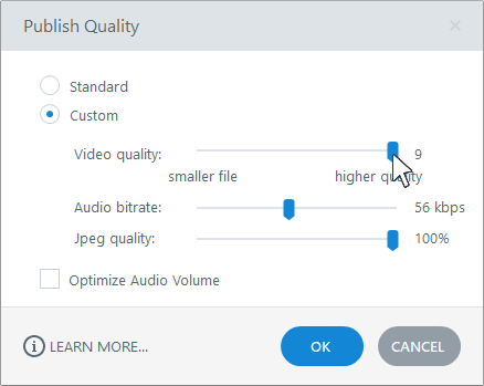 Publish Quality dialog with adjustable settings for video, audio, and Jpeg quality