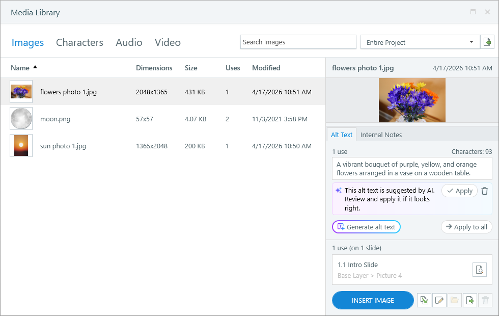 Storyline 360 Media Library window showing asset tabs at the top, a list of assets on the left, and a details panel on the right for previewing and managing selected media.