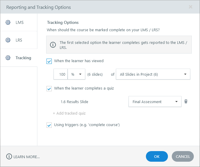 Fenster „Berichte und Nachverfolgung“ in Storyline 360, in dem alle drei ausgewählten Tracking-Optionen angezeigt werden, einschließlich der Anzahl der angezeigten Folien, einer Folie mit Quizergebnissen und Auslösern für die Fertigstellung