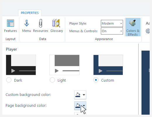 Option „Seitenhintergrundfarbe“ im Eigenschaftenfenster des Players.