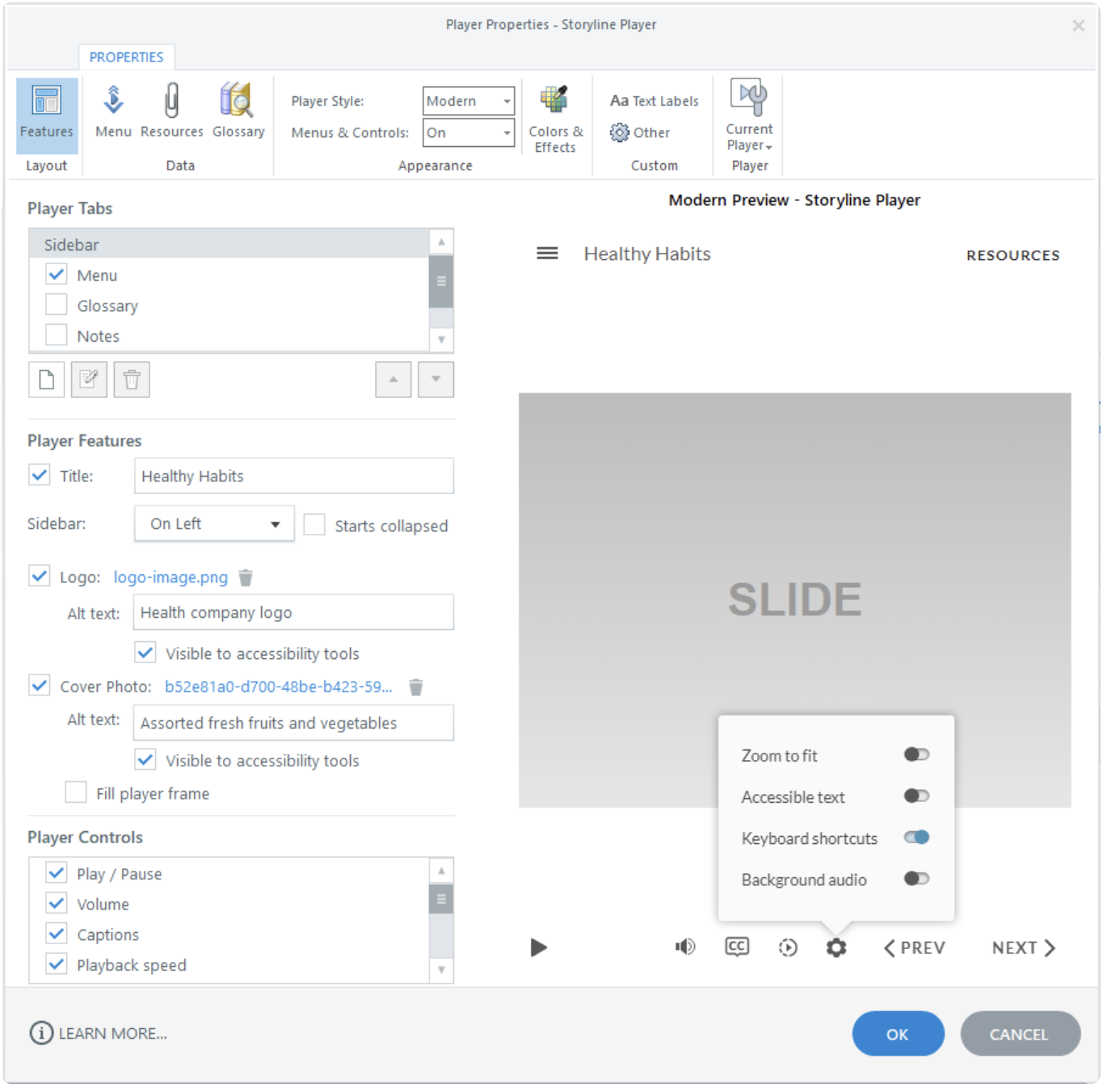 Storyline 360 player properties window showing the player features tab