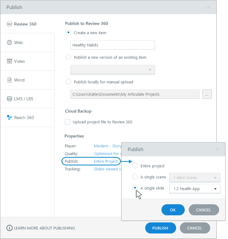 The publish window in Storyline 360