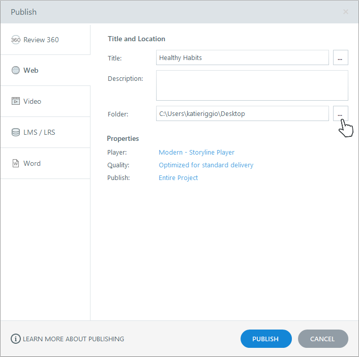 Publish window in Storyline 360.