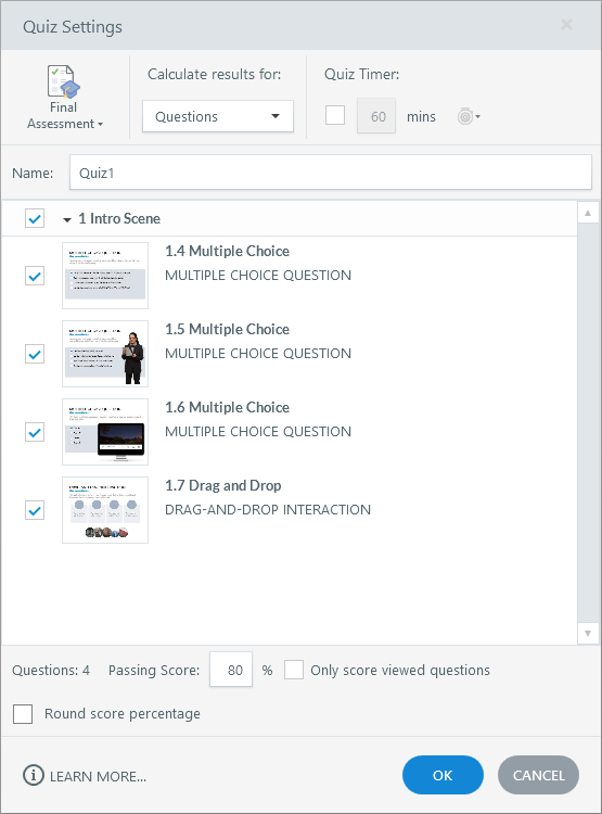 The Quiz Settings window in Storyline 360.