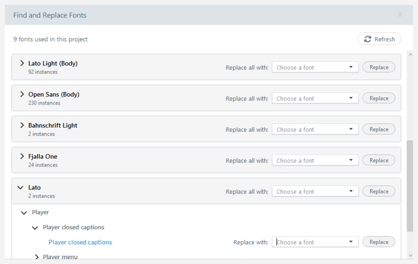 The find and replace fonts window showing a list of fonts used in a project with options to replace each font. The find and replace fonts window showing a list of fonts used in a project with options to replace each font.