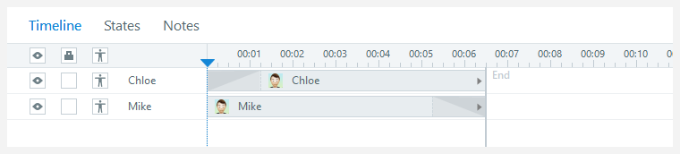 Storyline 360 timeline panel showing entrance and exit animations for slide objects