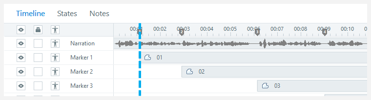 Storyline 360 timeline panel showing slide objects synchronized with cue points