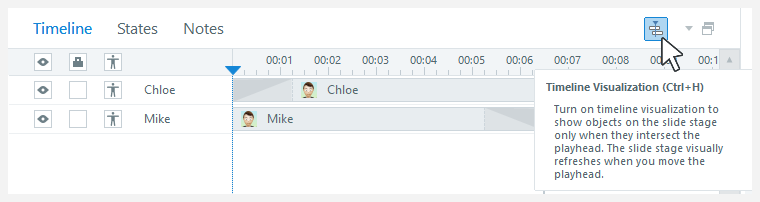 Storyline 360 timeline panel showing the visualization icon in the upper-right corner