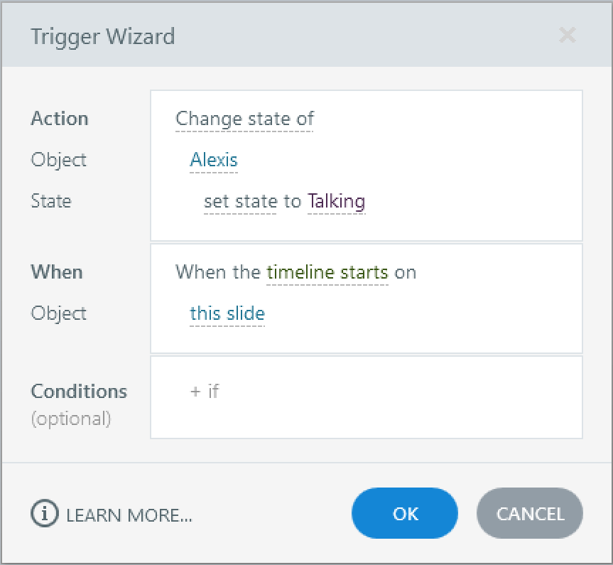 A janela do Trigger Wizard mostra um gatilho que muda o estado de “Alexis” para “Talking” quando a linha do tempo começa no slide atual. A janela do Trigger Wizard mostra um gatilho que muda o estado de “Alexis” para “Talking” quando a linha do tempo começa no slide atual.