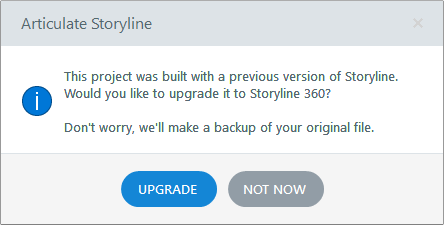 Open your project with Storyline 360, then click Upgrade.